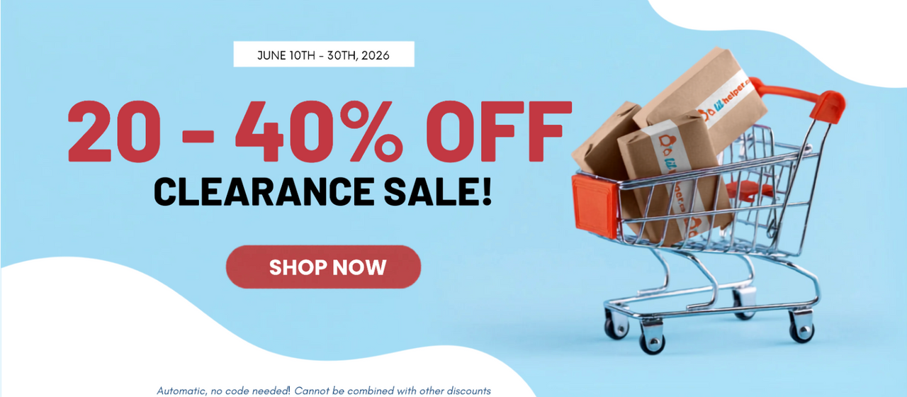Clearance sale advertisement with a shopping cart full of boxes on a light blue background.