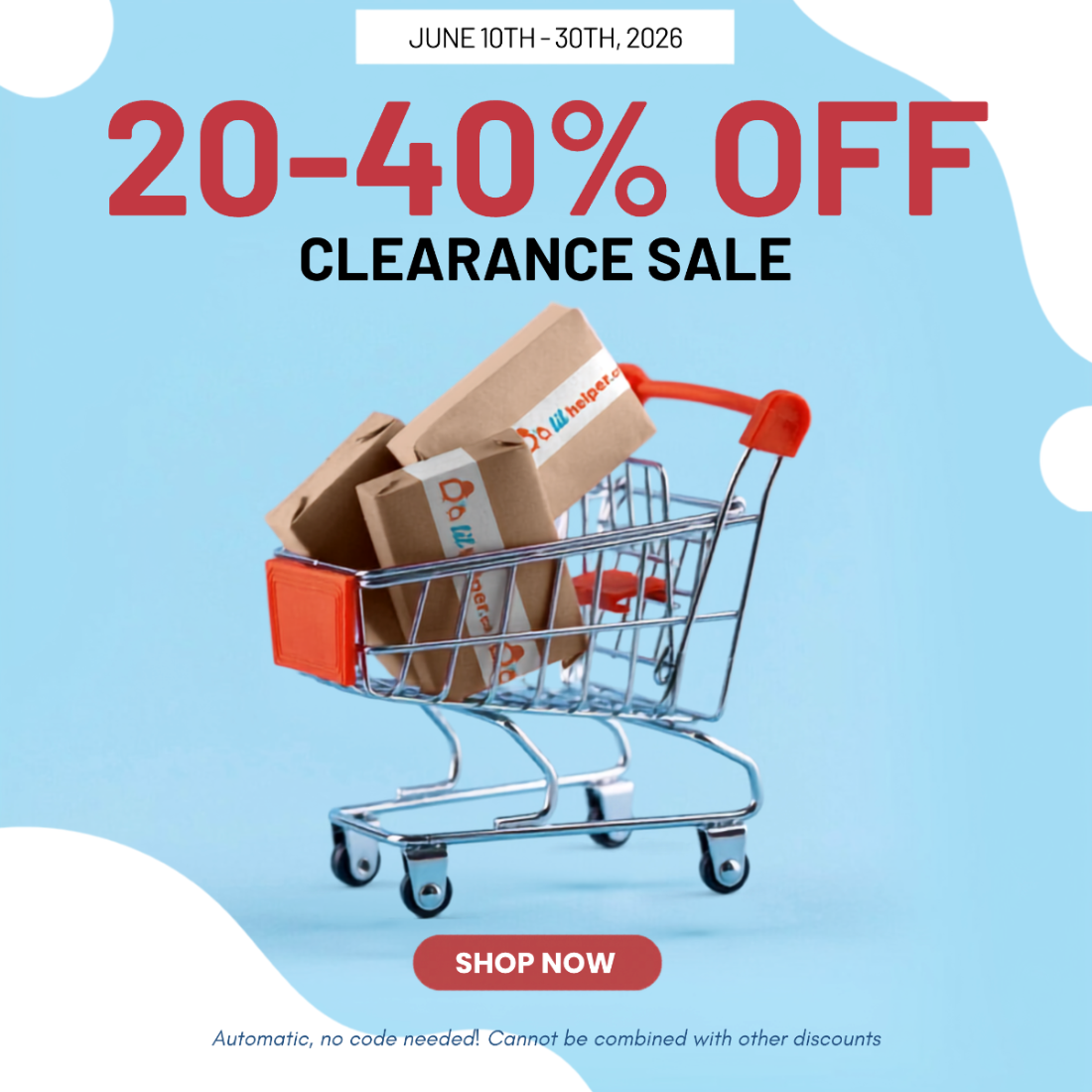 Clearance sale advertisement with a shopping cart full of boxes and 'Shop Now' button on a light blue background.