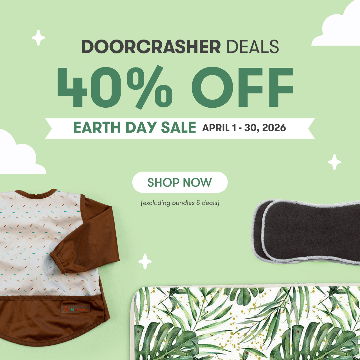 Promotional graphic for Doorcrasher Deals Earth Day Sale with clothing and a laptop on a light green background.