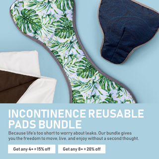 Incontinence reusable pads with tropical leaf pattern on a blue background