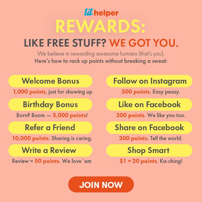 Lil Helper Rewards program with various points and rewards on a pink background