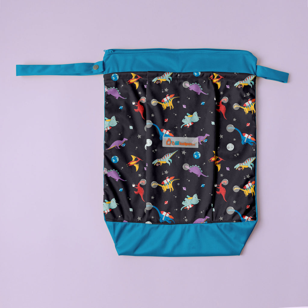 Reusable Bag with colorful dinosaur pattern on a purple background